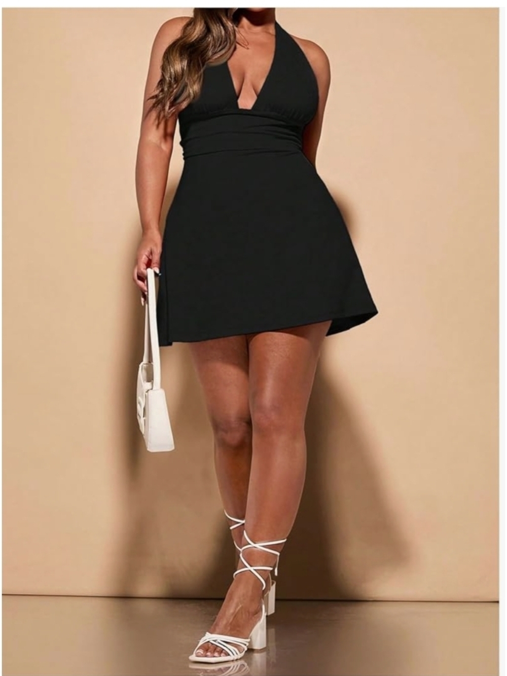 FLOERNS - XXL Black Halter Mini Dress - V-Neck Flared Skirt